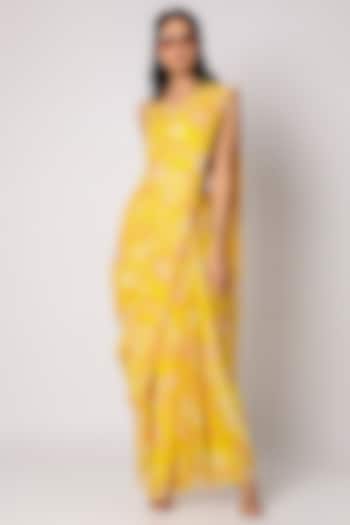 Yellow Printed Saree With Embroidered Blouse by Paulmi & Harsh