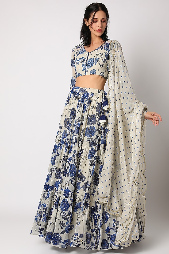 Off White & Indigo Georgette Printed Wedding Lehenga Set by Paulmi & Harsh at Pernia's Pop Up Shop
