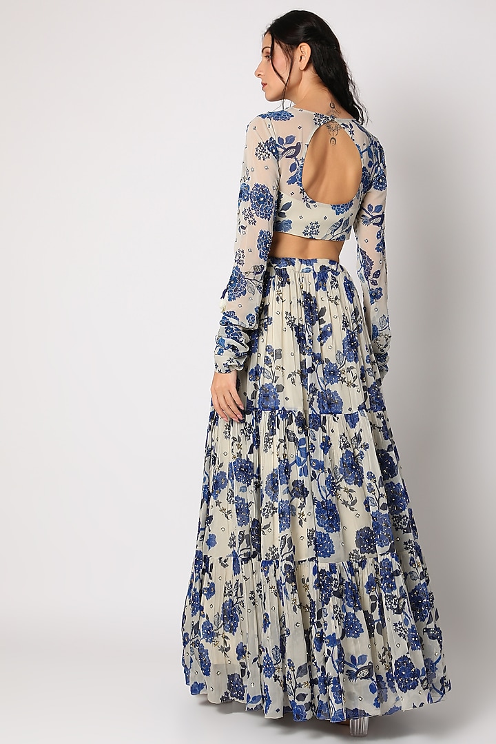 Off White & Indigo Georgette Printed Wedding Lehenga Set by Paulmi & Harsh at Pernia's Pop Up Shop