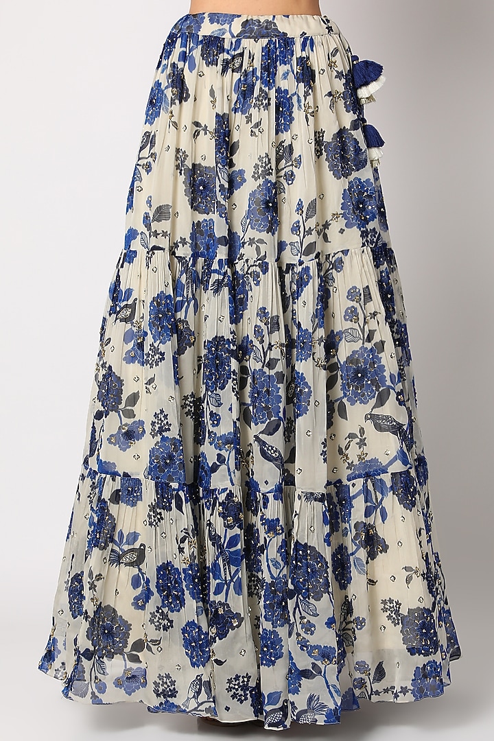 Off White & Indigo Georgette Printed Wedding Lehenga Set by Paulmi & Harsh at Pernia's Pop Up Shop
