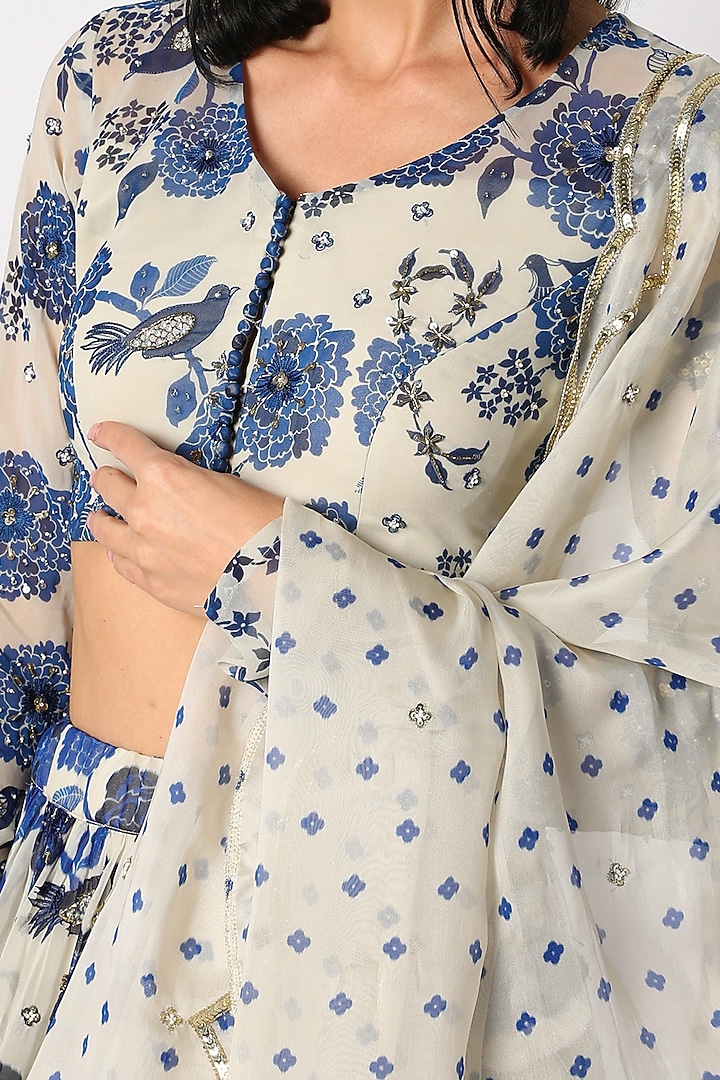 Off White & Indigo Georgette Printed Wedding Lehenga Set by Paulmi & Harsh at Pernia's Pop Up Shop