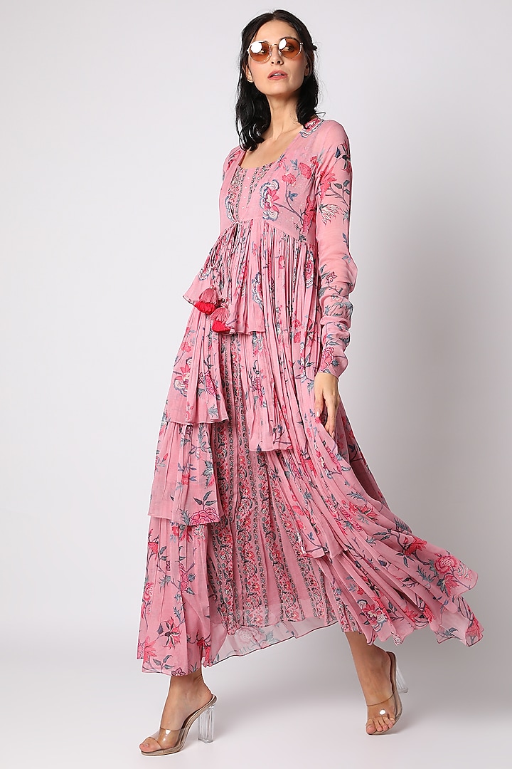 Off White & Pink Embroidered Dress With Jacket by Paulmi & Harsh