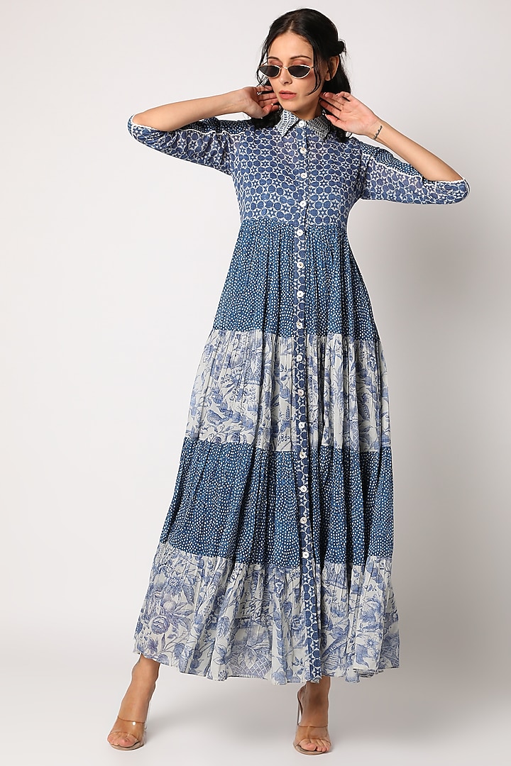 Indigo Blue Printed Shirt Dress With Inner by Paulmi & Harsh