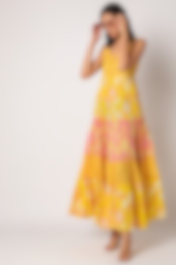 Yellow Printed Maxi Dress by Paulmi & Harsh