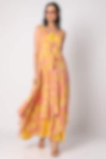 Yellow Printed Maxi Dress With Inner by Paulmi & Harsh