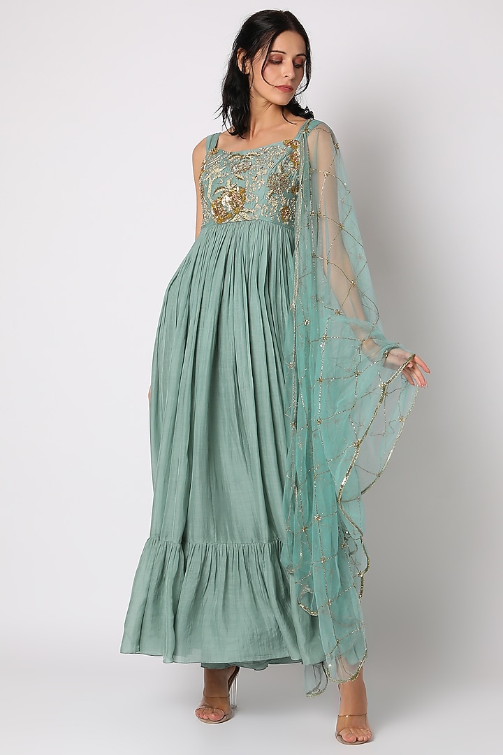 Sky Blue Embroidered Party Wear Anarkali With Dupatta by Paulmi & Harsh at Pernia's Pop Up Shop