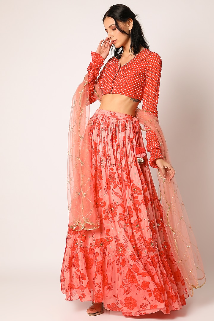 Red Georgette & Organza Embroidered Wedding Lehenga Set by Paulmi & Harsh at Pernia's Pop Up Shop