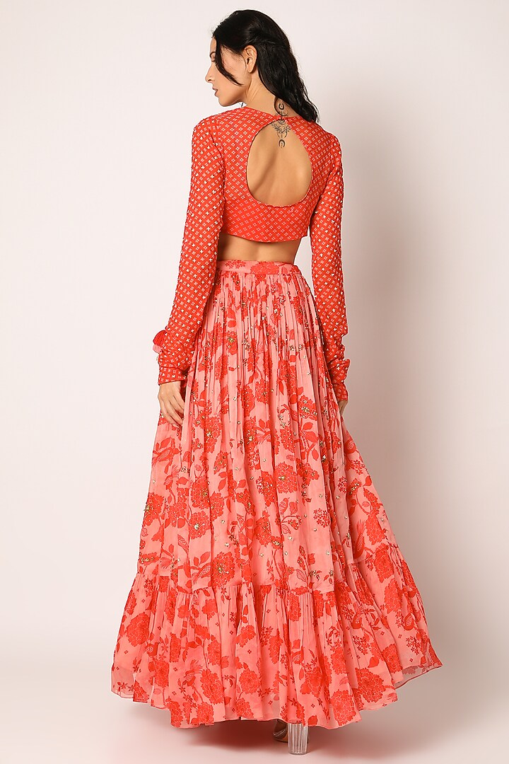 Red Georgette & Organza Embroidered Wedding Lehenga Set by Paulmi & Harsh at Pernia's Pop Up Shop