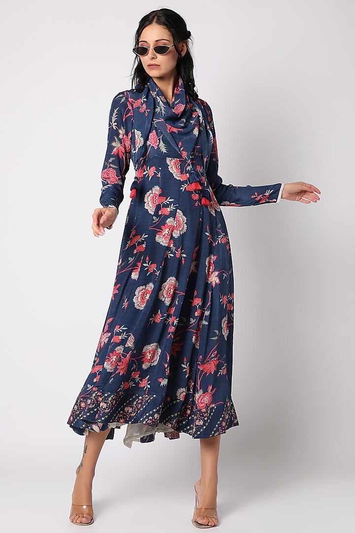Navy Blue Printed Anarkali With Scarf by Paulmi & Harsh