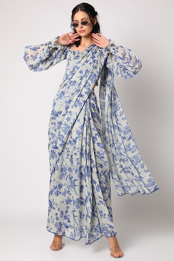Indigo Blue Georgette Printed Pre-Draped Festive Saree Set by Paulmi & Harsh at Pernia's Pop Up Shop
