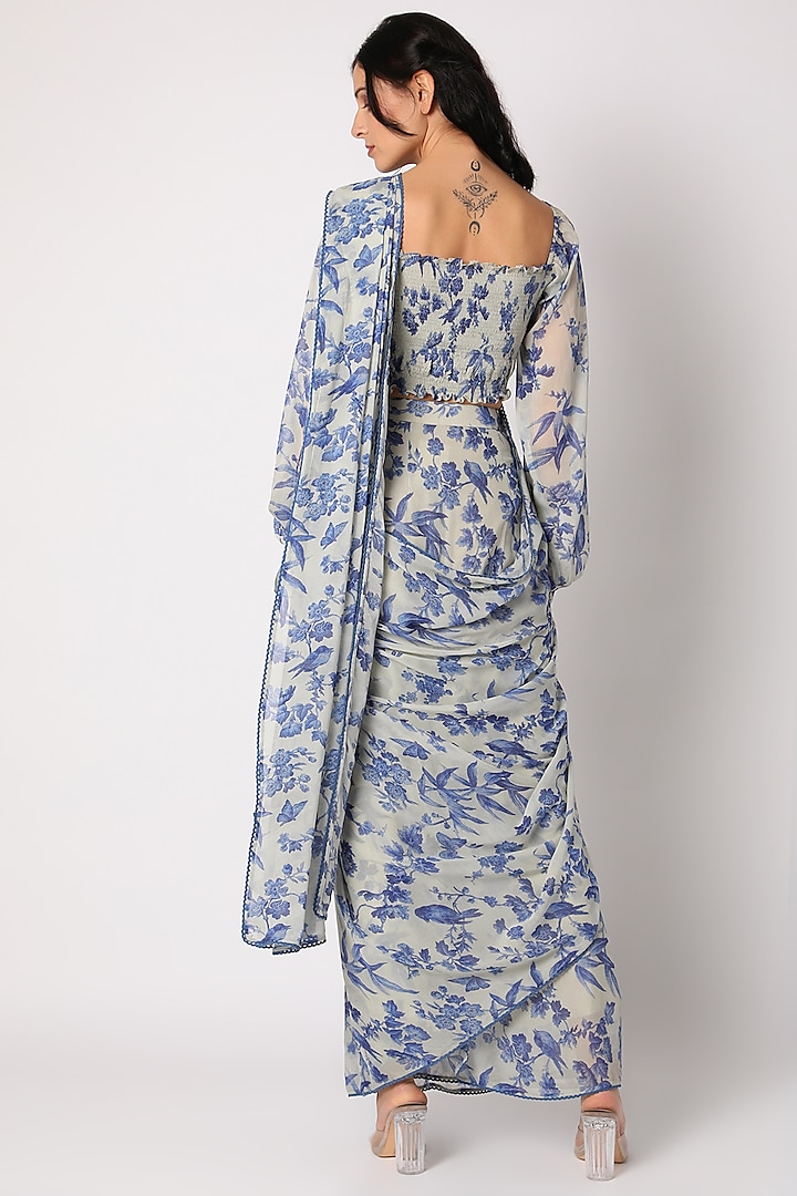 Indigo Blue Georgette Printed Pre-Draped Festive Saree Set by Paulmi & Harsh at Pernia's Pop Up Shop