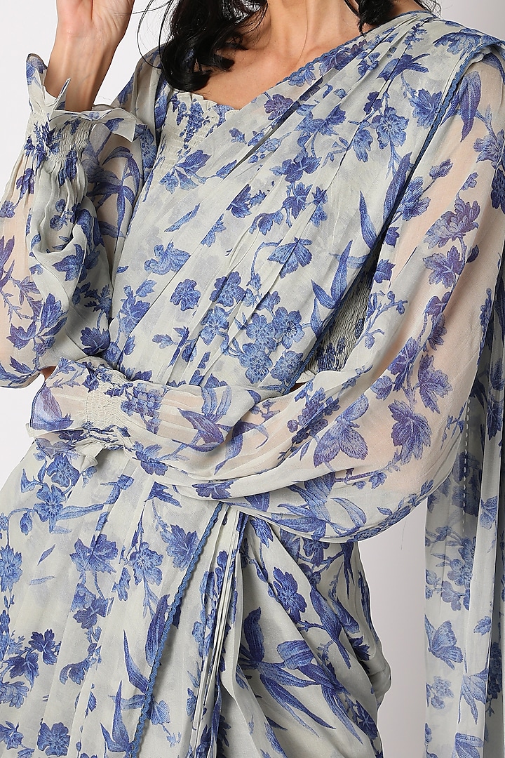 Indigo Blue Georgette Printed Pre-Draped Festive Saree Set by Paulmi & Harsh at Pernia's Pop Up Shop