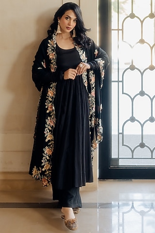 Black Cotton Silk Anarkali Set by Paulmi & Harsh