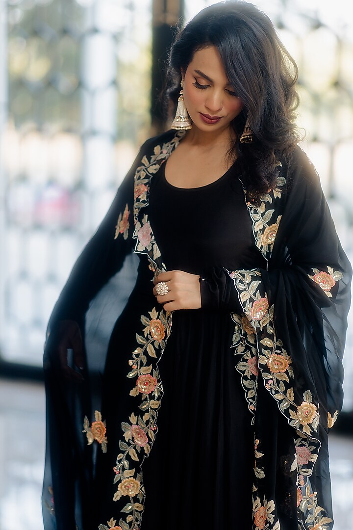 Black Cotton Silk Wedding Anarkali Set by Paulmi & Harsh at Pernia's Pop Up Shop