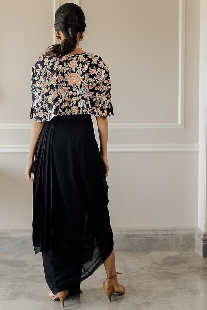 Black Georgette Draped Pre-Stitched Wedding Saree Set by Paulmi & Harsh at Pernia's Pop Up Shop