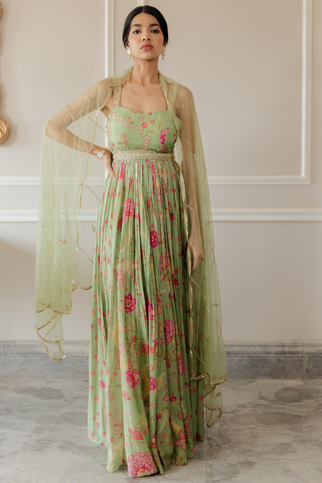 Pista Green Printed Anarkali Set Design 