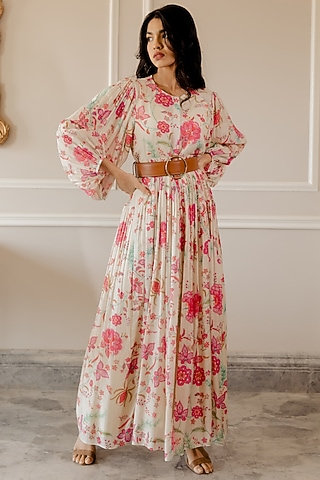 Off White Printed Maxi Dress by Paulmi & Harsh
