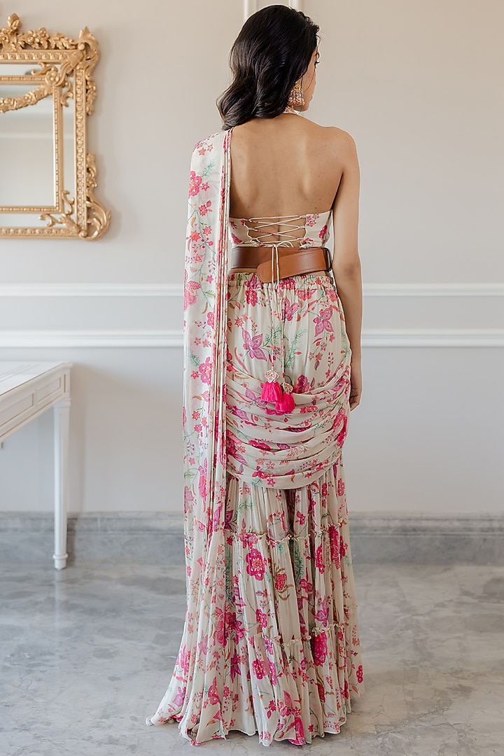 Off-White Georgette Printed Sharara Party Wear Saree Set by Paulmi & Harsh at Pernia's Pop Up Shop