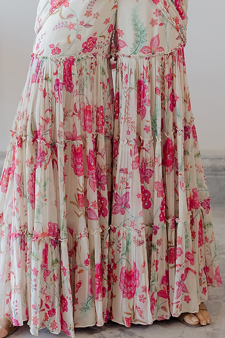 Off-White Georgette Printed Sharara Party Wear Saree Set by Paulmi & Harsh at Pernia's Pop Up Shop