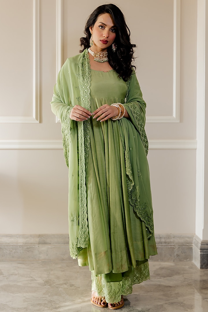Pista Green Cotton Silk Anarkali Set by Paulmi & Harsh