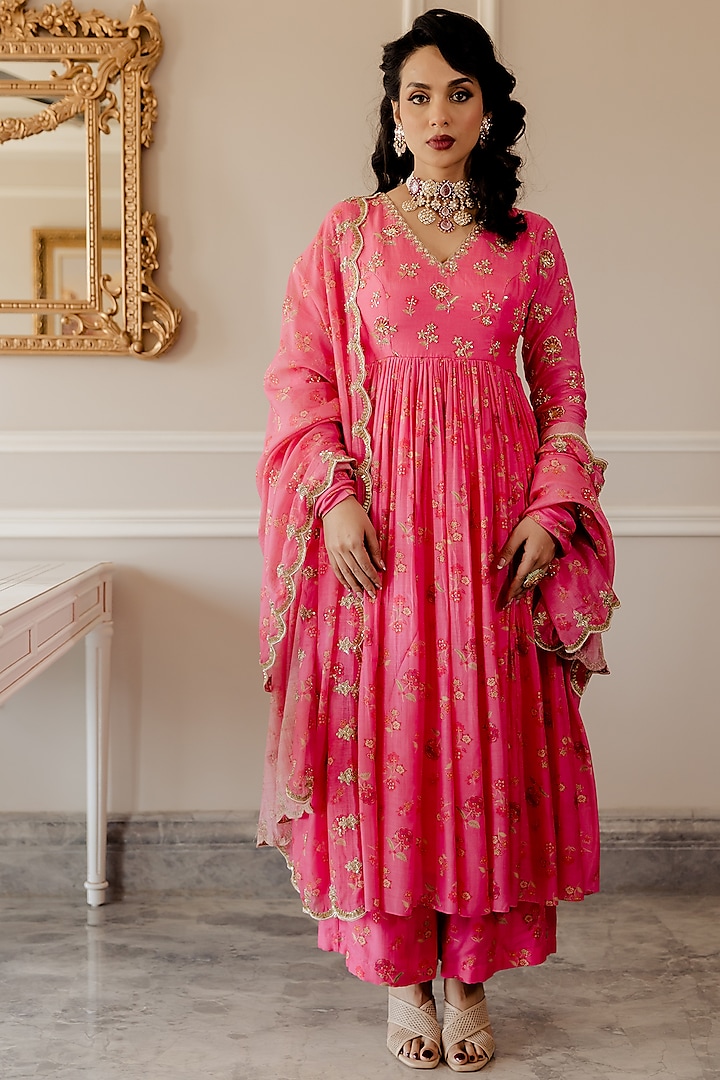 Fuchsia Printed Anarkali Set by Paulmi & Harsh