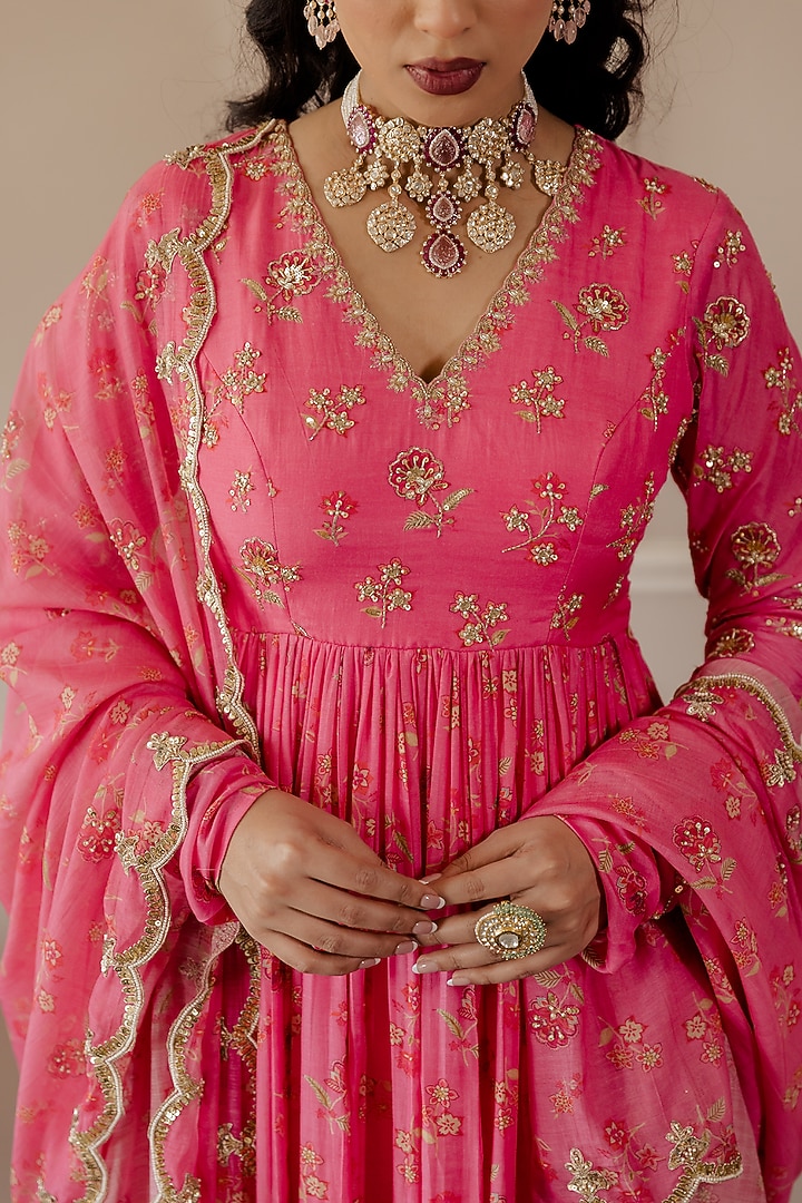 Fuchsia Printed Wedding Anarkali Set by Paulmi & Harsh at Pernia's Pop Up Shop
