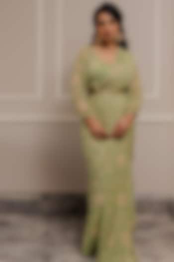 Pista Green Pre-Stitched Saree Set by Paulmi & Harsh