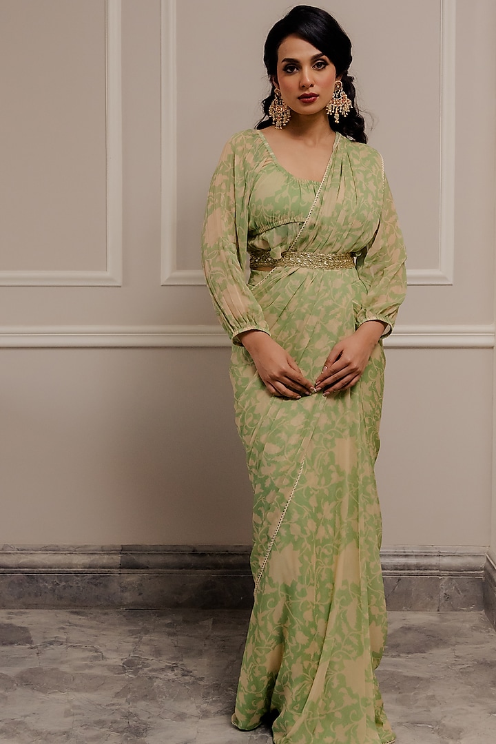 Pista Green Pre-Stitched Saree Set by Paulmi & Harsh