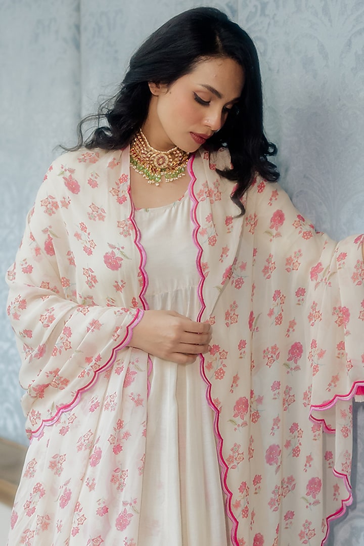 Off White Chanderi Silk Party Wear Anarkali Set by Paulmi & Harsh at Pernia's Pop Up Shop