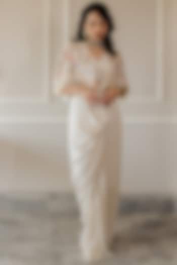 Ivory Draped Pre-Stitched Saree Set by Paulmi & Harsh