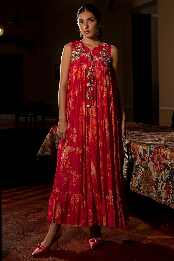 Pink Crepe Floral Printed Maxi Vacation Dress by Paulmi & Harsh at Pernia's Pop Up Shop