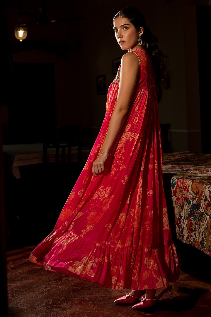 Pink Crepe Floral Printed Maxi Vacation Dress by Paulmi & Harsh at Pernia's Pop Up Shop