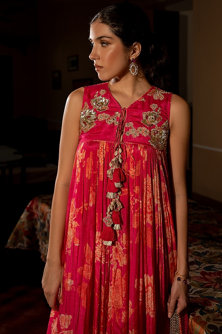 Pink Crepe Floral Printed Maxi Vacation Dress by Paulmi & Harsh at Pernia's Pop Up Shop