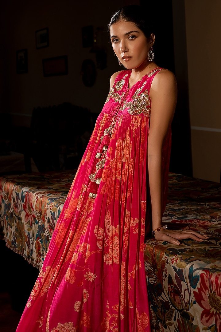 Pink Crepe Floral Printed Maxi Vacation Dress by Paulmi & Harsh at Pernia's Pop Up Shop