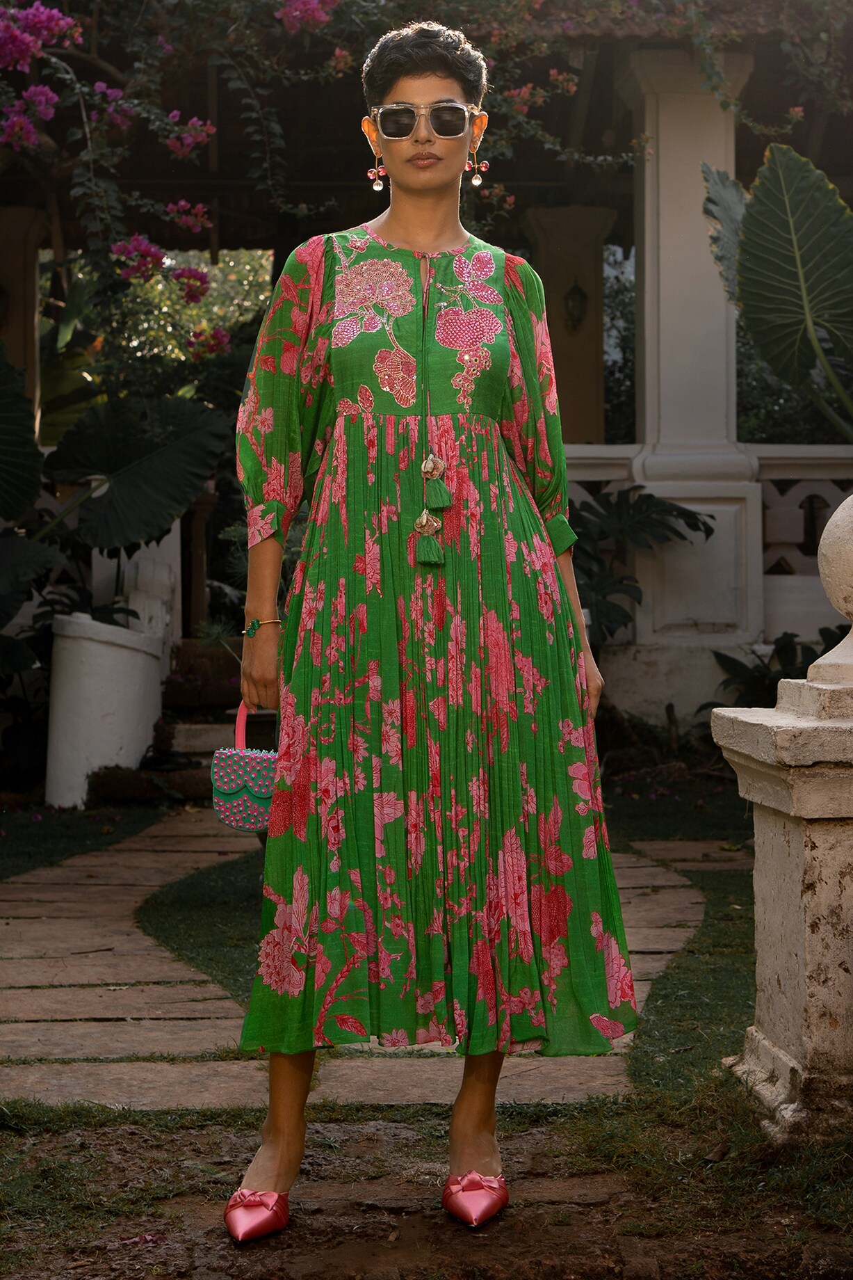 strapless open back dress Peyton Green Floral Print Satin Sweetheart-Neck Midi Dress With Plea – Club  L London main image 1