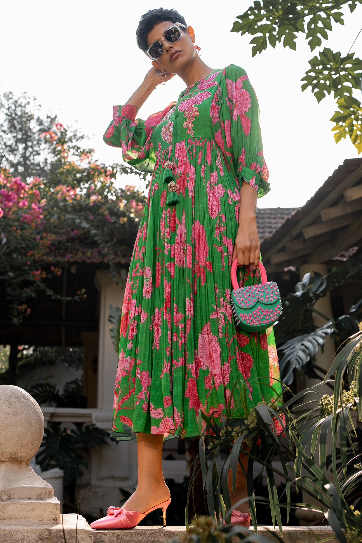 Green Crepe Floral Printed Maxi Pleated Dress by Paulmi & Harsh at