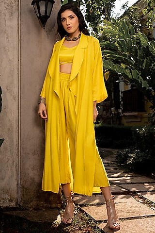Yellow Cotton Silk Jacket Set by Paulmi & Harsh