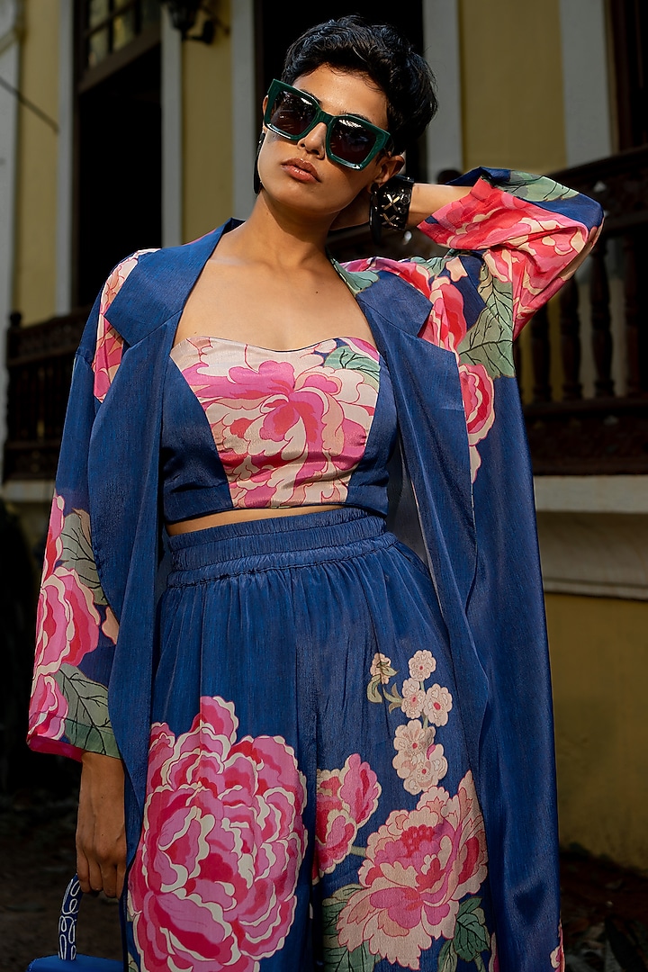 Electric Blue Pure Crepe Printed Jacket Set by Paulmi & Harsh at Pernia's Pop Up Shop
