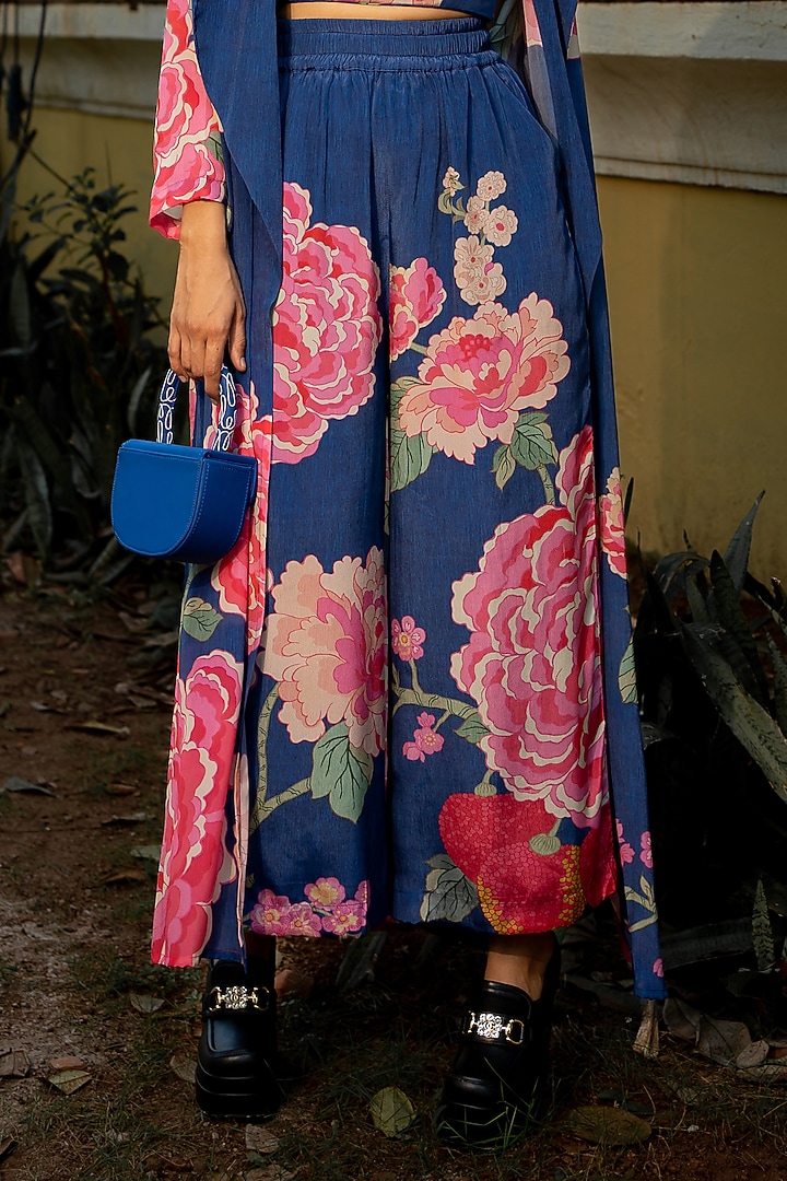 Electric Blue Pure Crepe Printed Jacket Set by Paulmi & Harsh at Pernia's Pop Up Shop