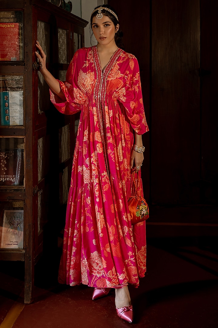 Pink Cotton Silk Printed & Embroidered Kaftan Set by Paulmi & Harsh at Pernia's Pop Up Shop