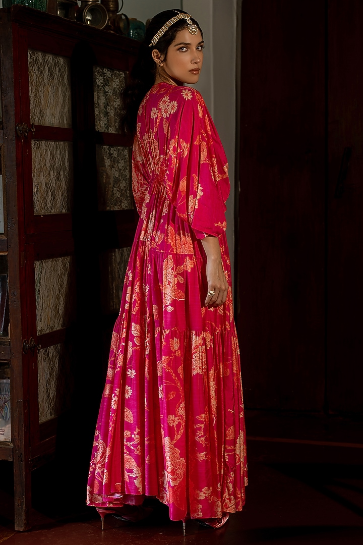 Pink Cotton Silk Printed & Embroidered Kaftan Set by Paulmi & Harsh at Pernia's Pop Up Shop