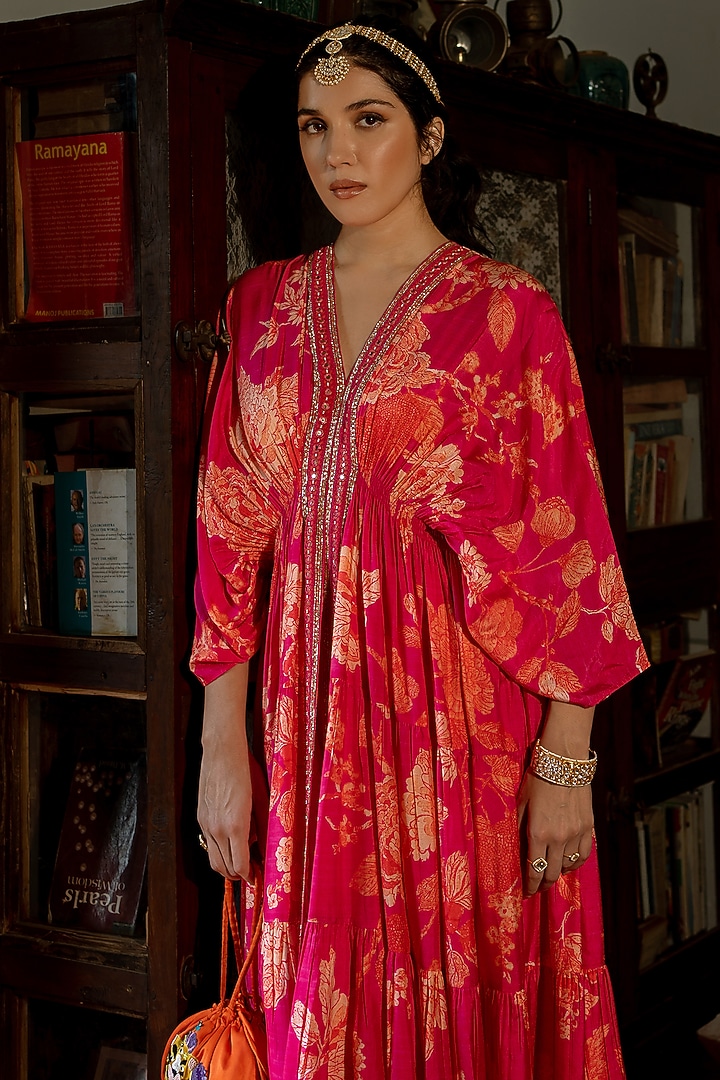 Pink Cotton Silk Printed & Embroidered Kaftan Set by Paulmi & Harsh at Pernia's Pop Up Shop