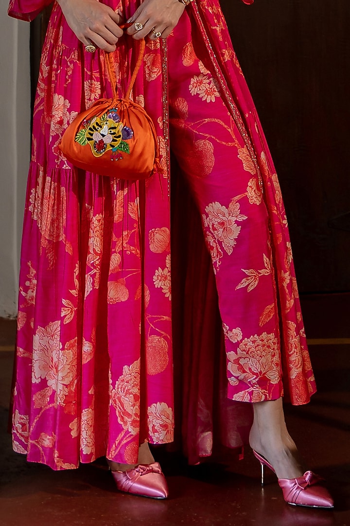 Pink Cotton Silk Printed & Embroidered Kaftan Set by Paulmi & Harsh at Pernia's Pop Up Shop