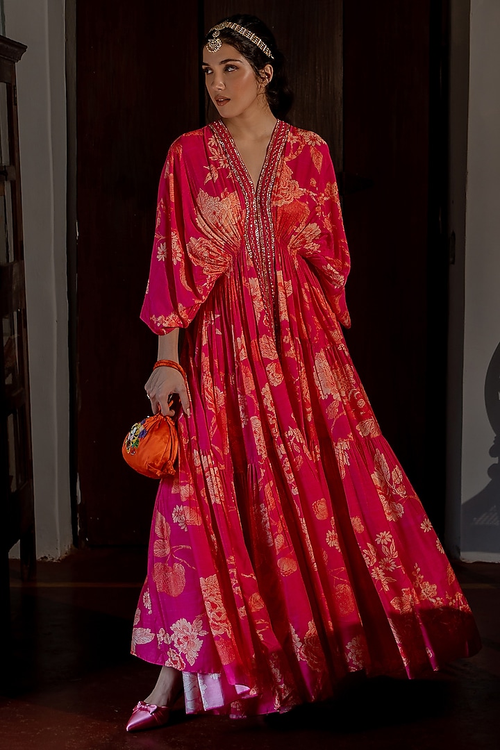 Pink Cotton Silk Printed & Embroidered Kaftan Set by Paulmi & Harsh at Pernia's Pop Up Shop
