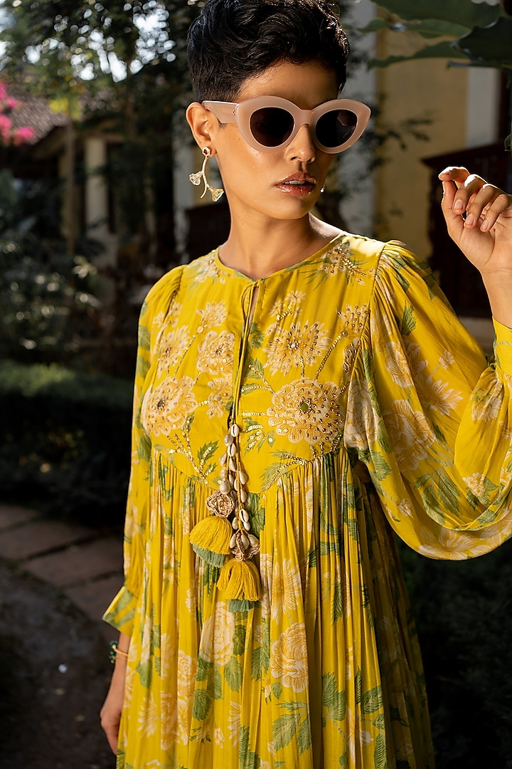 Yellow Crepe Printed & Embroidered Mini Summer Dress by Paulmi & Harsh at Pernia's Pop Up Shop