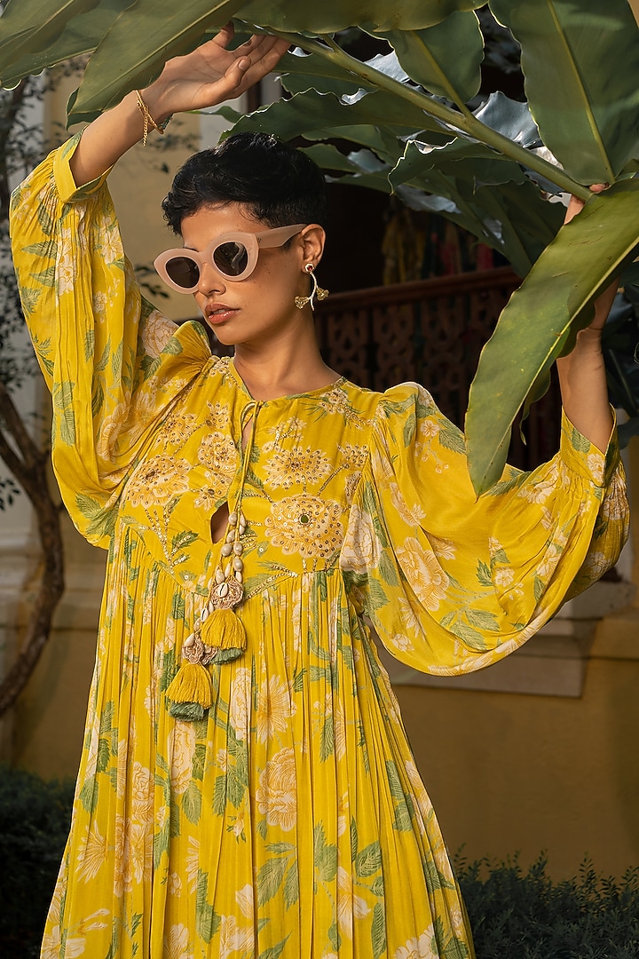 Yellow Crepe Printed & Embroidered Mini Summer Dress by Paulmi & Harsh at Pernia's Pop Up Shop