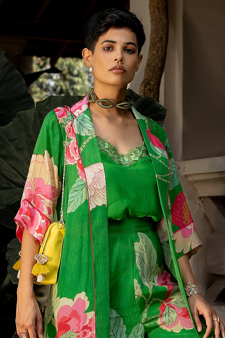 Green Crepe Printed Jacket Set by Paulmi & Harsh at Pernia's Pop Up Shop
