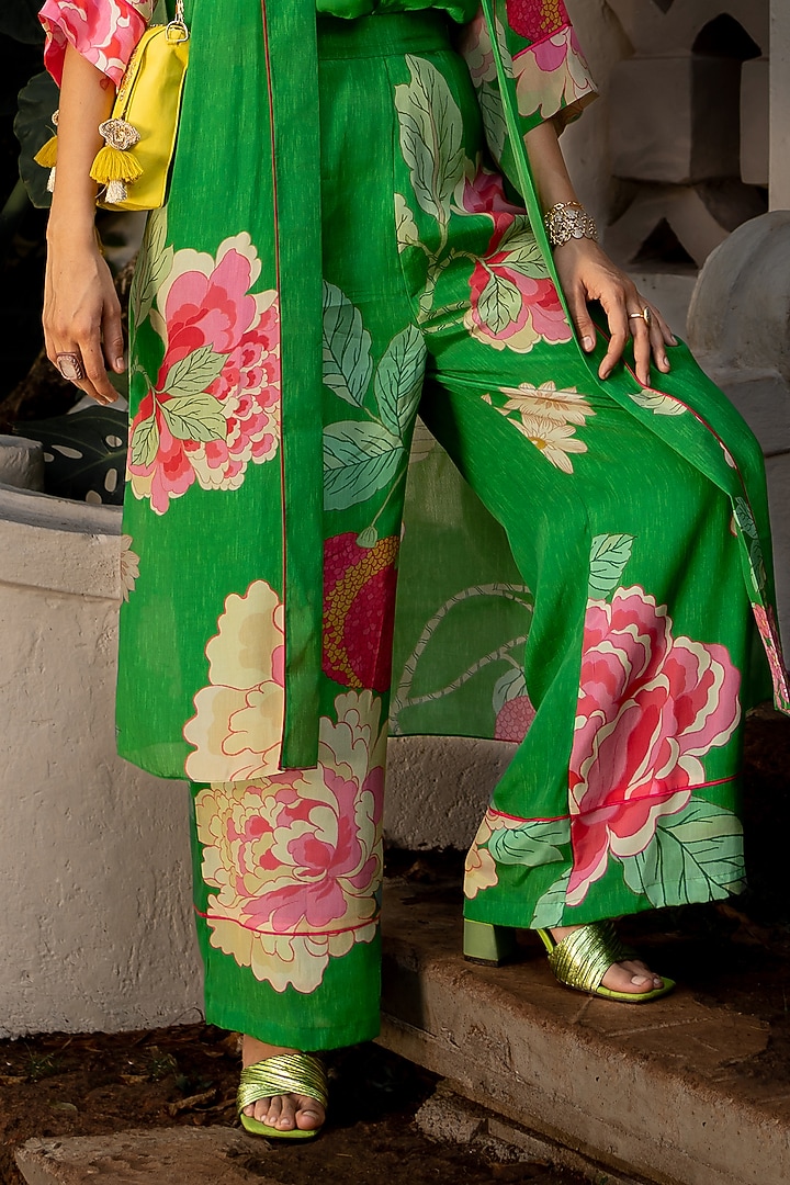 Green Crepe Printed Jacket Set by Paulmi & Harsh at Pernia's Pop Up Shop