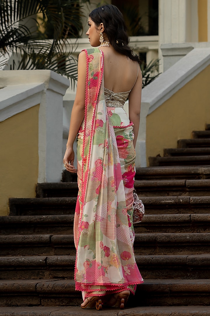 Multi-Colored Georgette Nakshi Printed Pre-Draped Party Wear Saree Set by Paulmi & Harsh at Pernia's Pop Up Shop