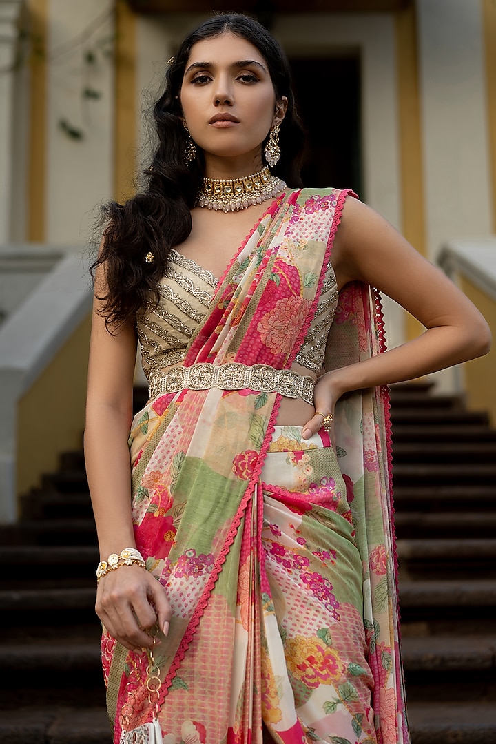 Multi-Colored Georgette Nakshi Printed Pre-Draped Party Wear Saree Set by Paulmi & Harsh at Pernia's Pop Up Shop